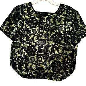 Endless Rose Black  and Green Boxy Short Sleeve Lace Blouse-Medium
